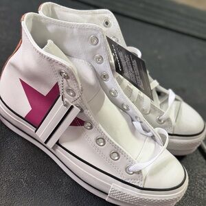 White and Pink Star High-Top Sneakers